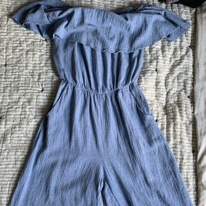 Cropped Blue Ruffled Off the Shoulder Jumpsuit - S